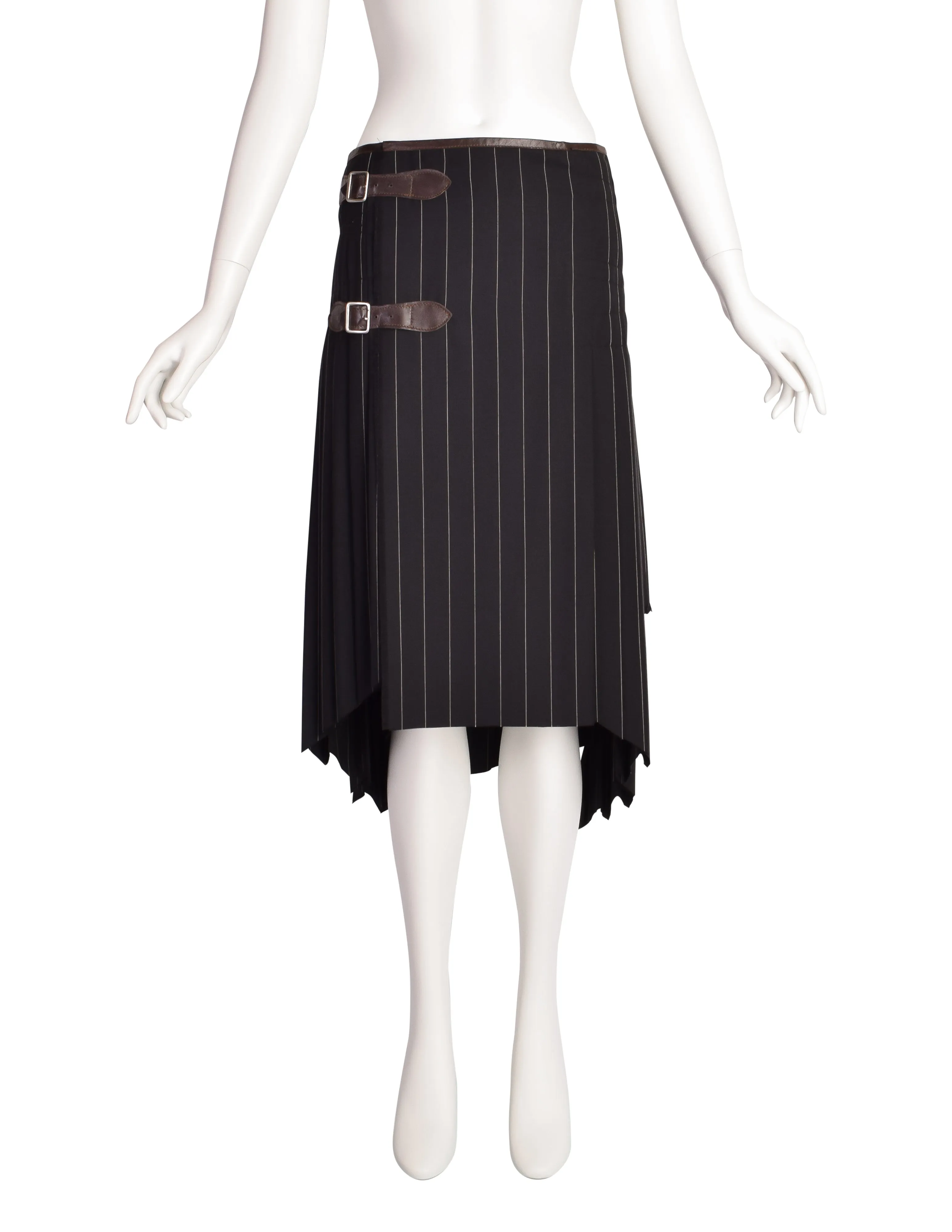 Jean Paul Gaultier Vintage Black Pinstripe Leather Buckle Wool Pleated Wrap Skirt