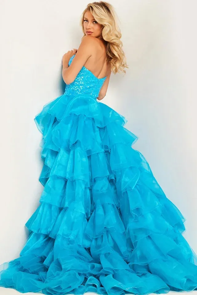 Jovani 37689 Long Prom Dress Sequin One Shoulder High Slit Tulle Layered Skirt  Cut  Out Formal Pageant Gown