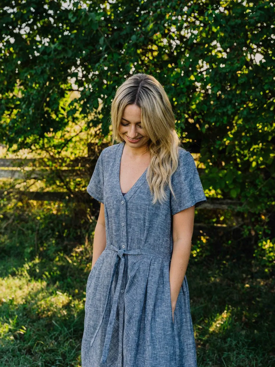 June Dress in Chambray Denim Linen