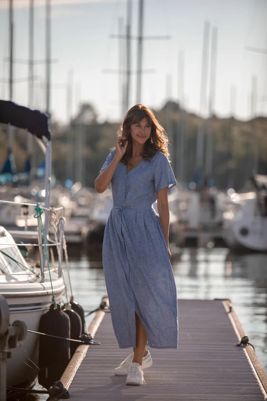 June Dress in Light Blue Linen/Cotton