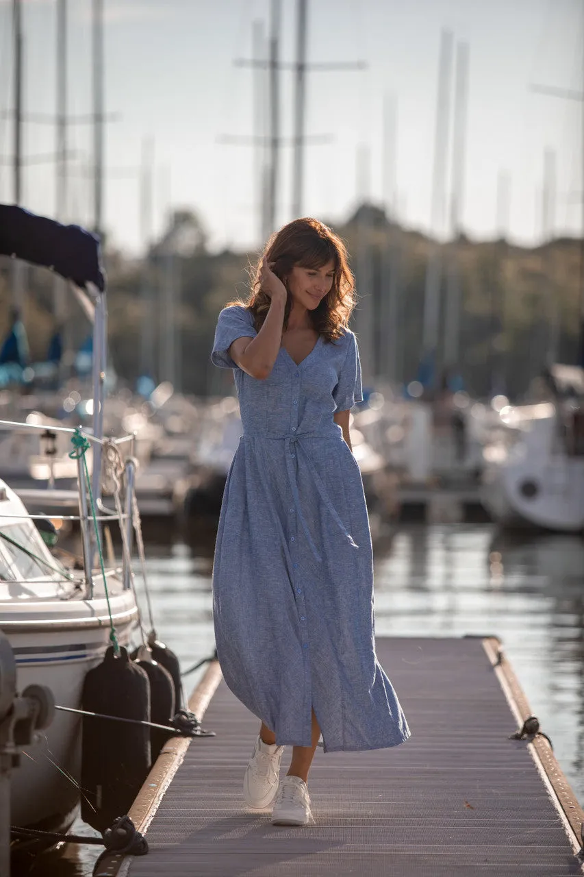 June Dress in Light Blue Linen/Cotton