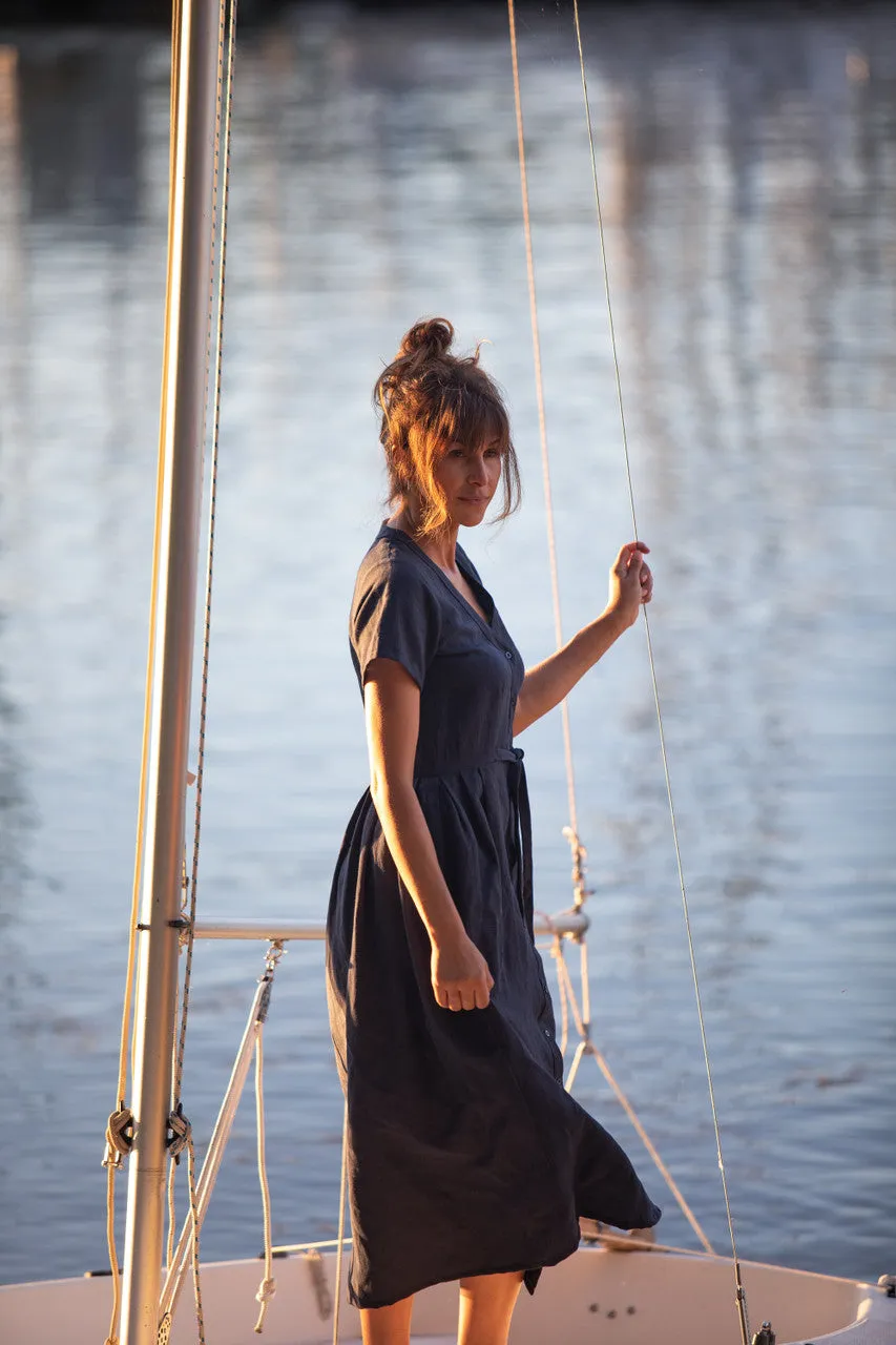 June Dress in Navy Linen