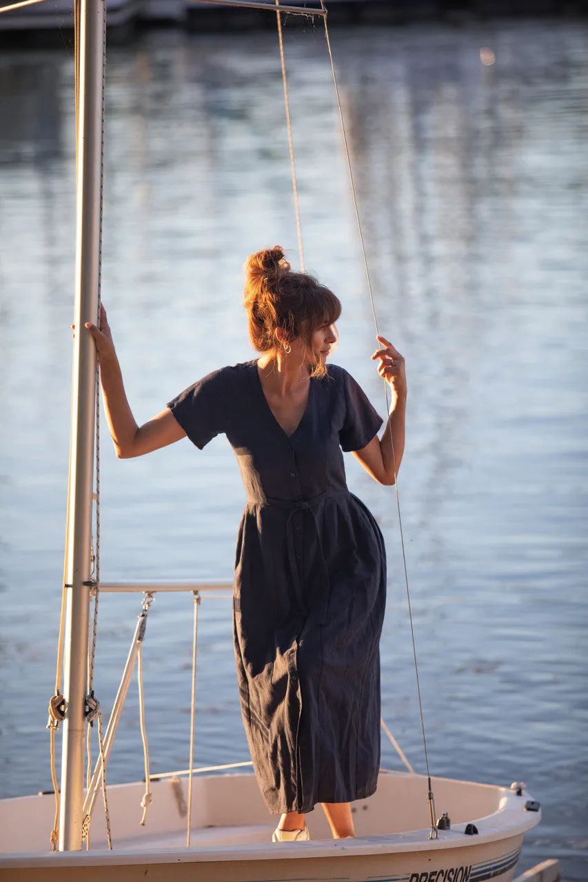 June Dress in Navy Linen