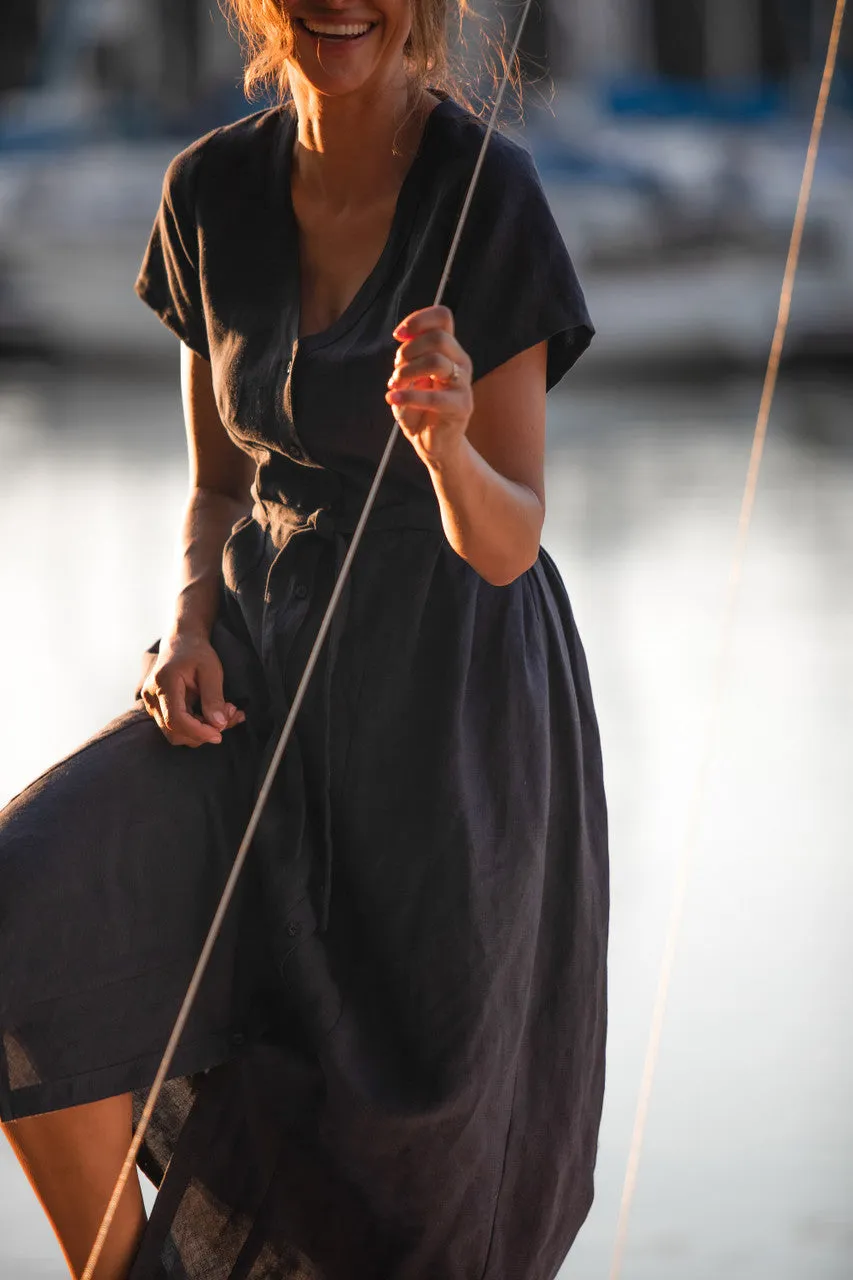 June Dress in Navy Linen