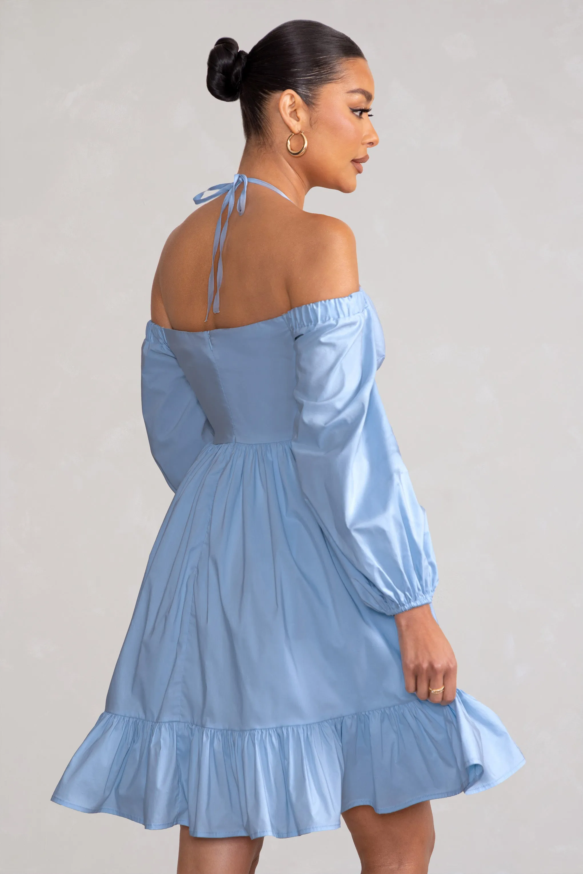 Kyra | Powder Blue Babydoll Maternity Mini Dress with Long Cold Shoulder Puff Sleeves