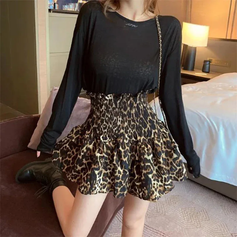 Leopard Print Ruffle Vintage High Waisted Pleated Skirt