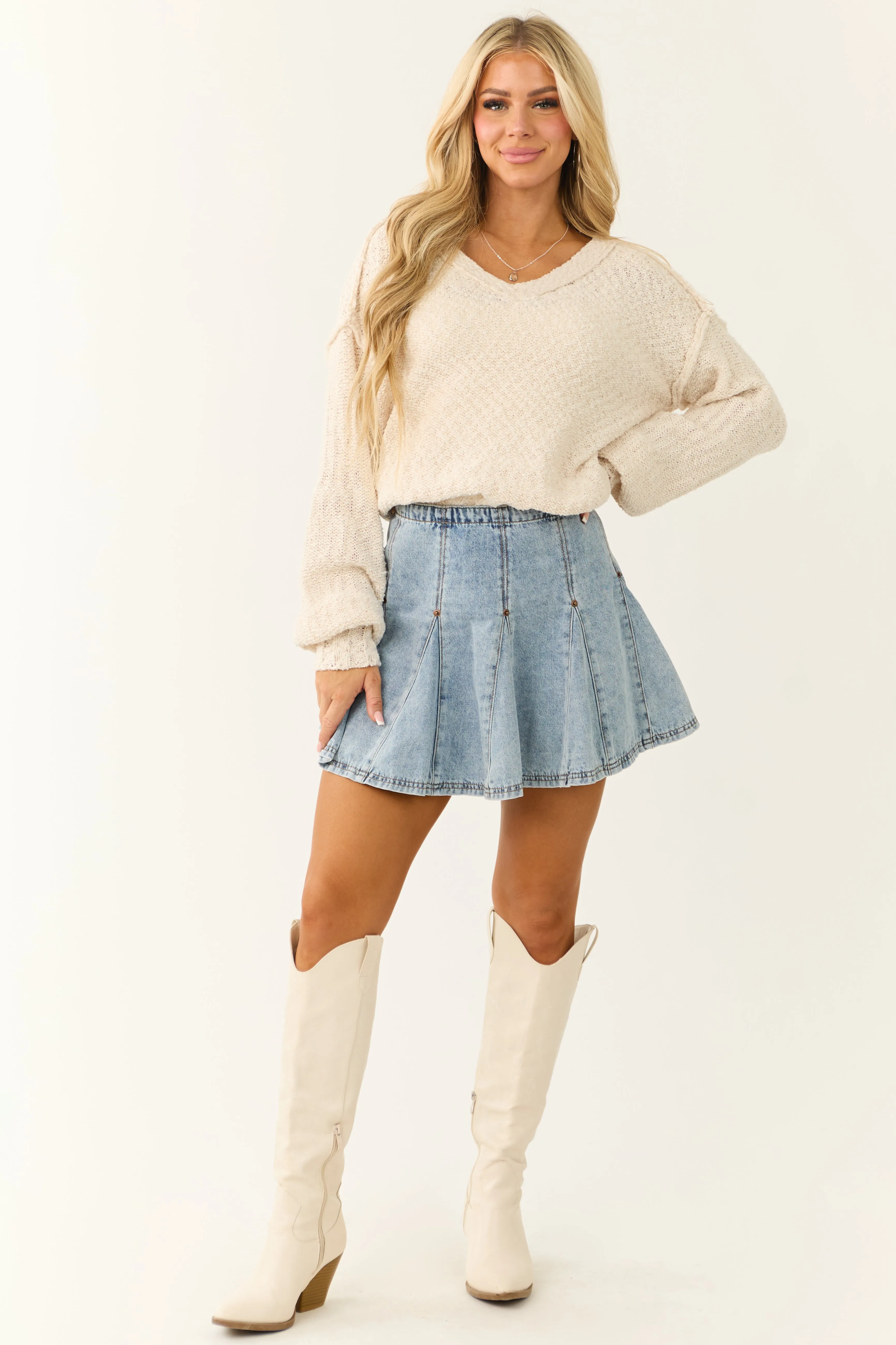 Light Wash Denim Pleated Stitch Detail Mini Skirt