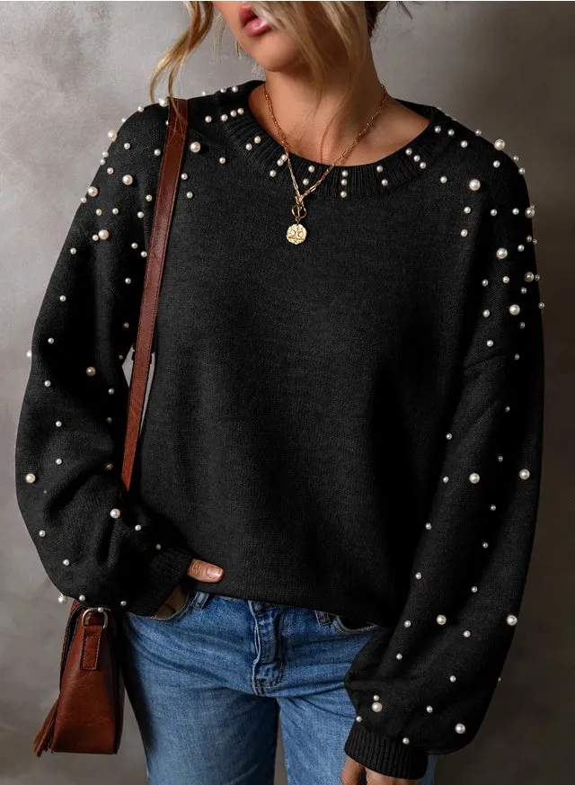 Long Sleeve Round Neck Pearl Pullover Sweater - Black