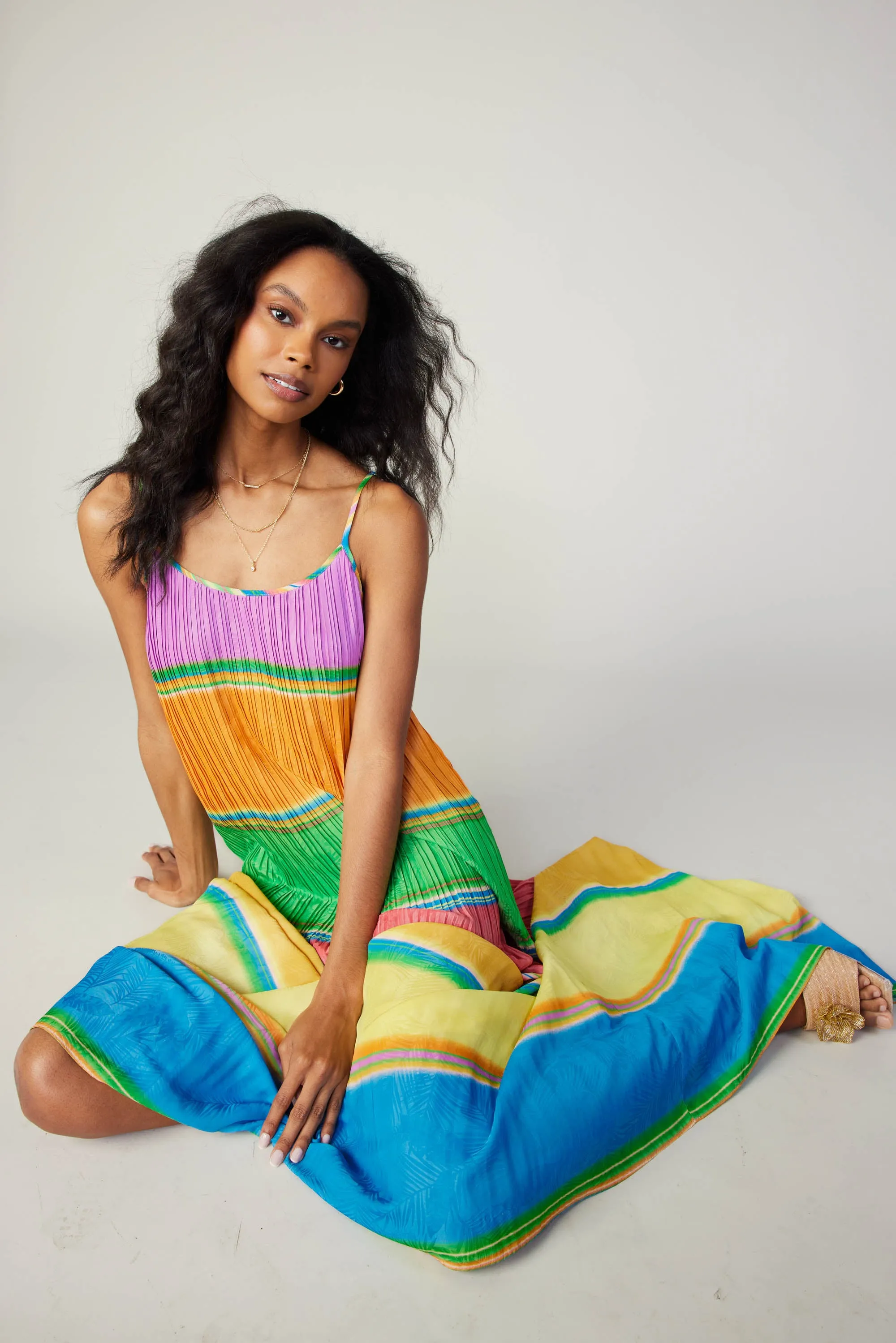 Multicolored Pleated Cami Dress