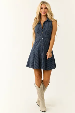 Navy Pinstripe Button Up Linen Short Dress