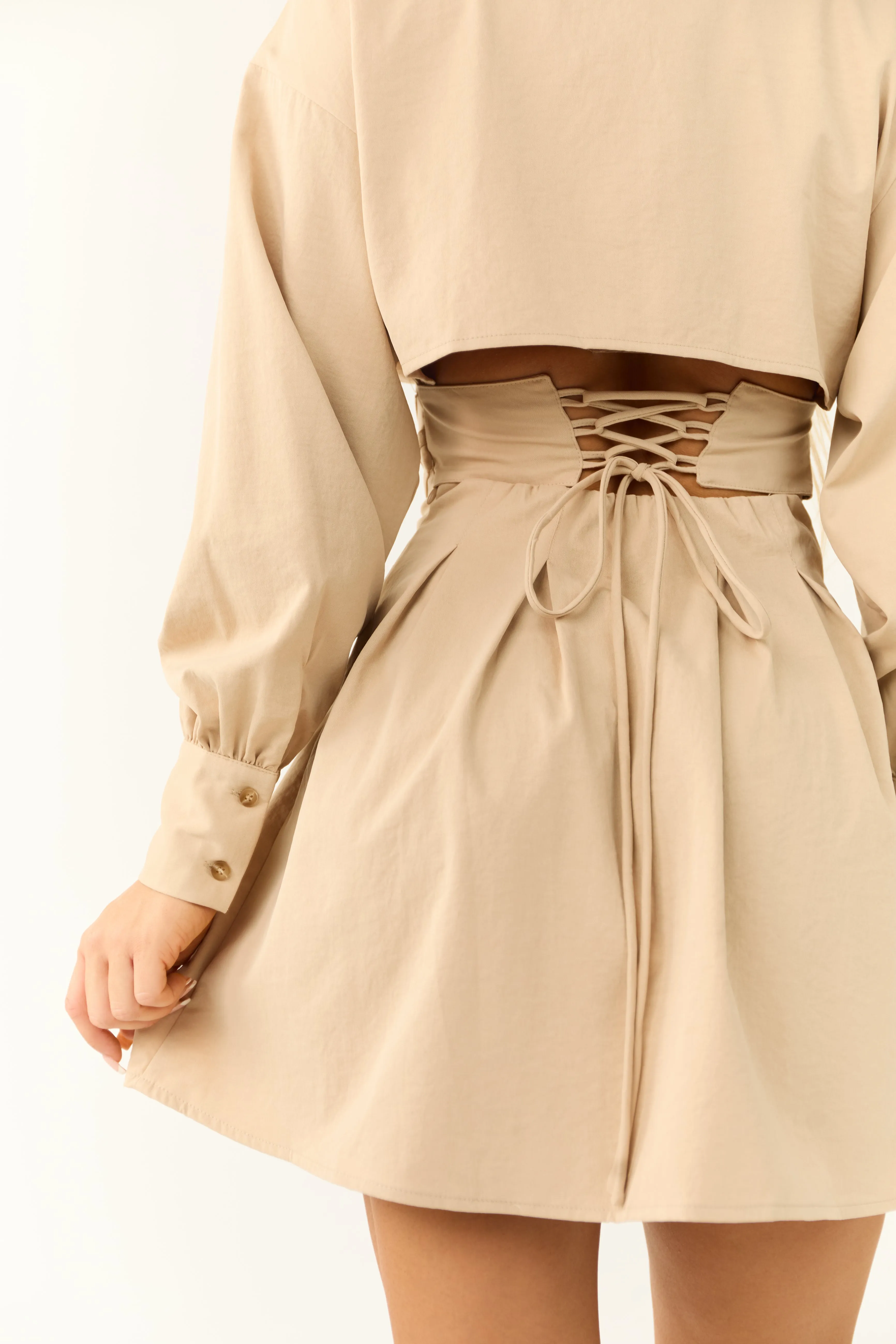 Oatmeal Long Sleeve Back Corset Short Dress