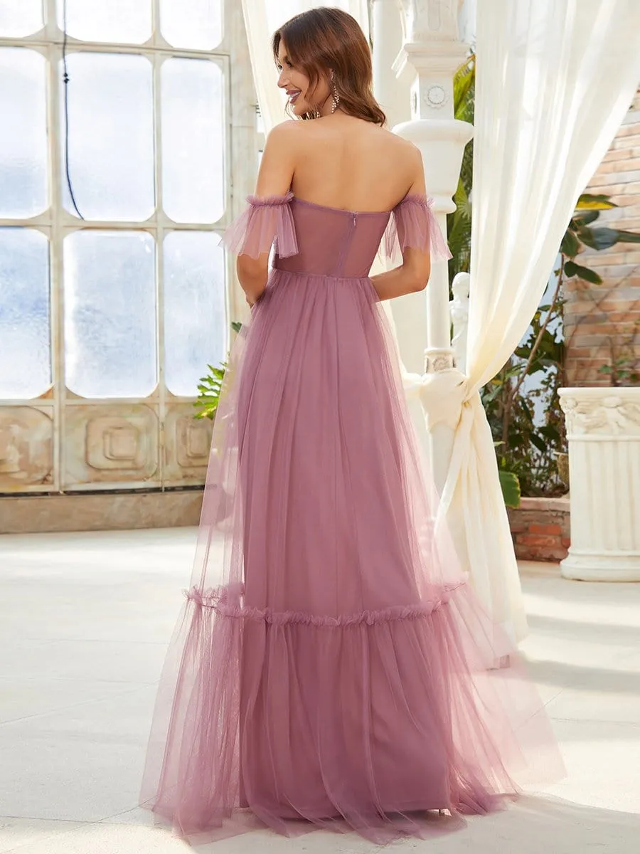 Off-Shoulder Sweetheart Double Layer Pleated Evening Dress