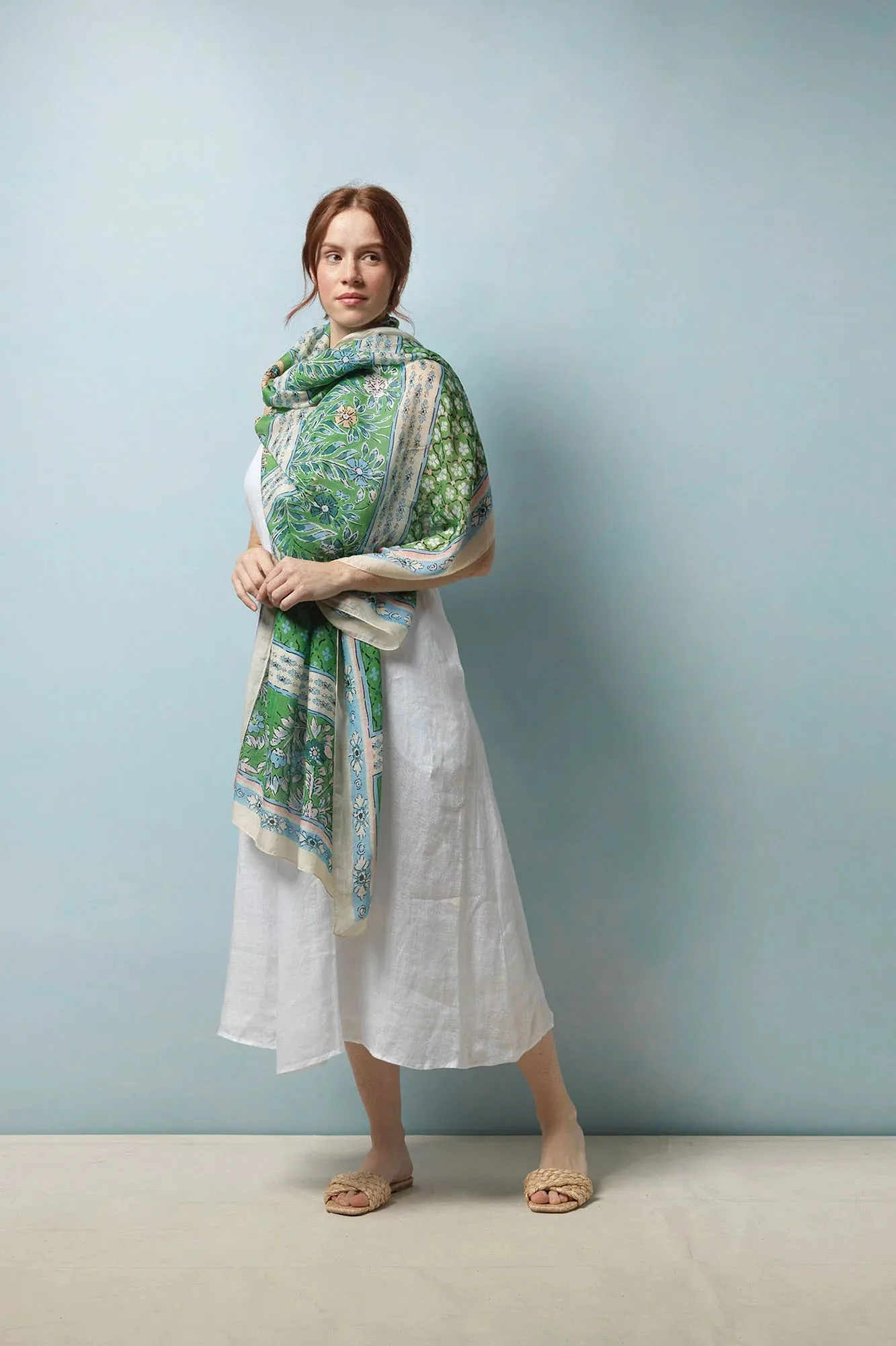 One Hundred Stars Folk Flowers Green Scarf