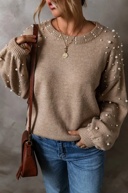 Pearl Drop Shoulder Round Neck Sweater