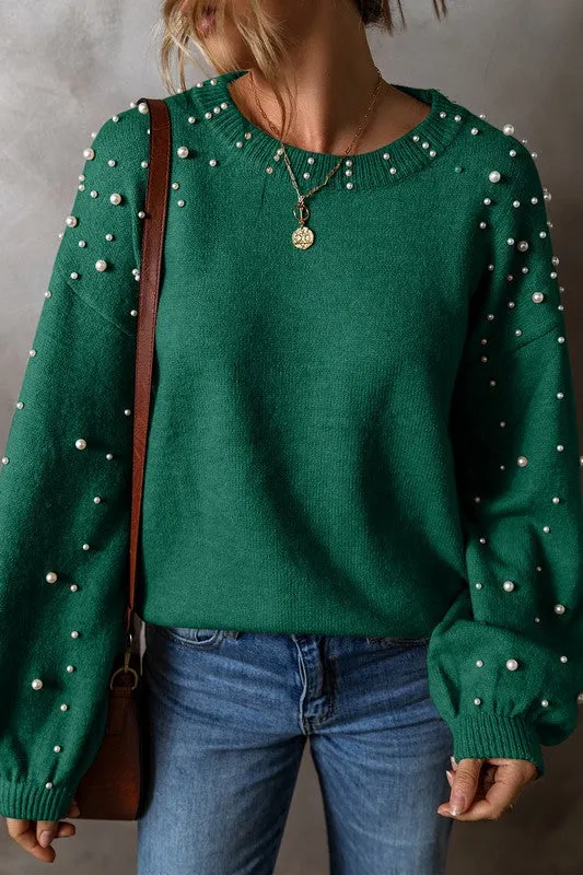 Pearl Drop Shoulder Round Neck Sweater