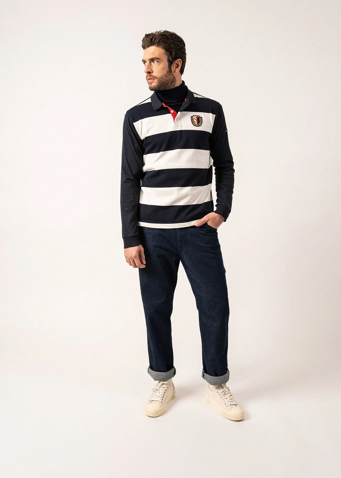 Pierrot Rugby-style Striped Polo Shirt - long sleeves, with SAINT JAMES badge (AMIRAL/ECUME)