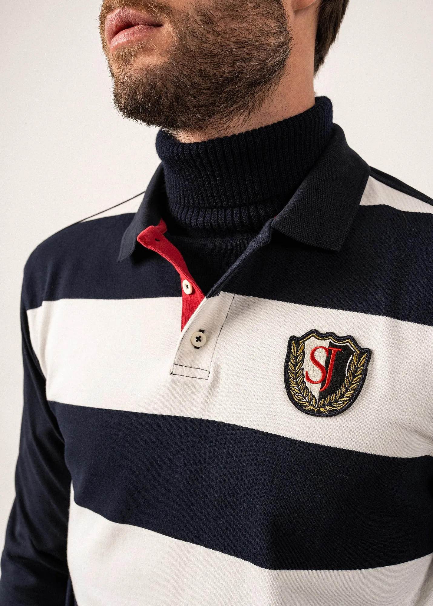 Pierrot Rugby-style Striped Polo Shirt - long sleeves, with SAINT JAMES badge (AMIRAL/ECUME)