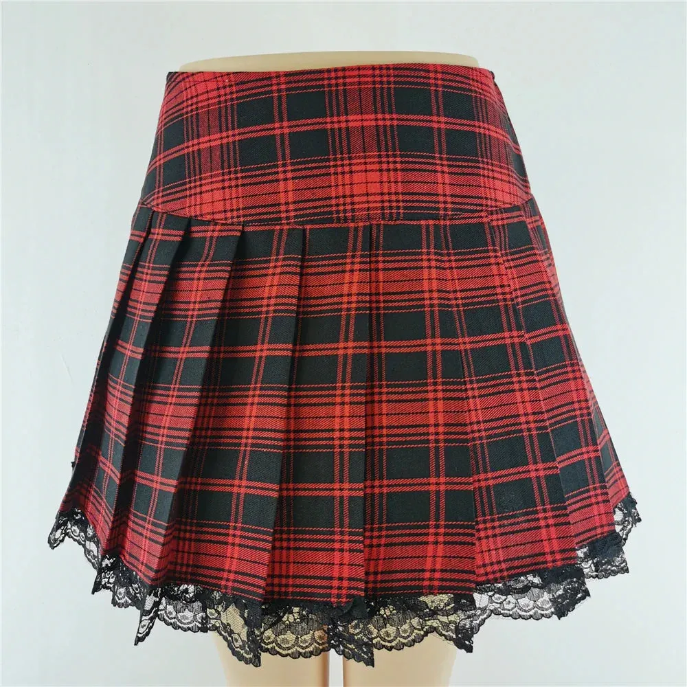 Plaid Skater Vintage Pleated Gothic Sexy New Clothes Lace Style England Contrast Y2K Harajuku Skirt