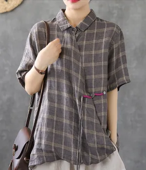 Plaid Summer Women Casual Blouse Linen Shirts Tops DZA2007201