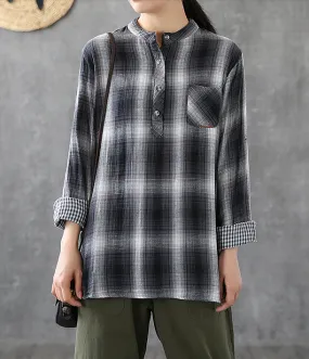 Plaid Women Casual Blouse Cotton Linen Shirts Tops DZA200864