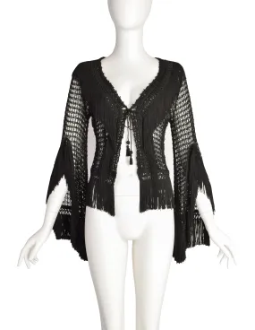 Plein Sud Vintage 1990s Black Macrame Fringe Bell Sleeve Cardigan