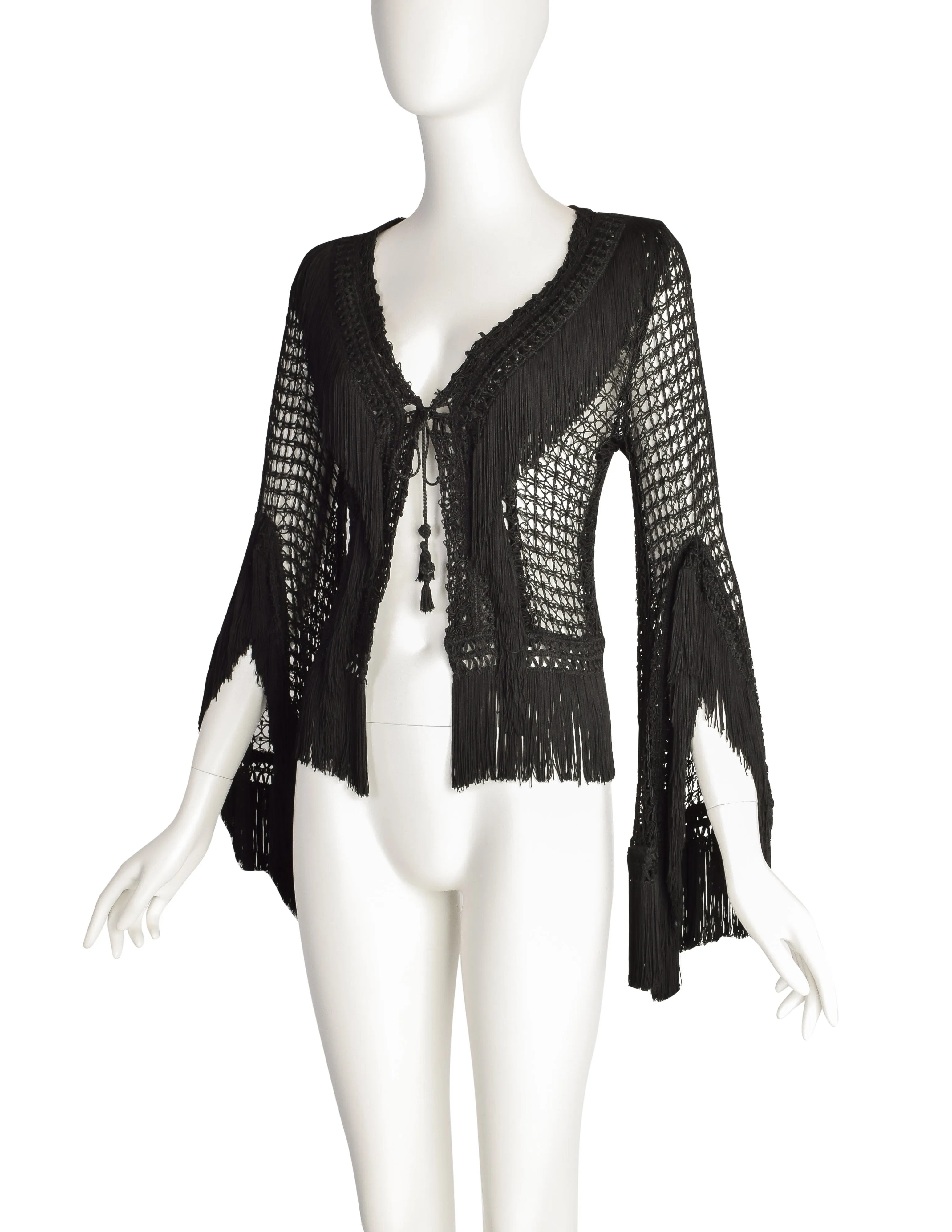 Plein Sud Vintage 1990s Black Macrame Fringe Bell Sleeve Cardigan