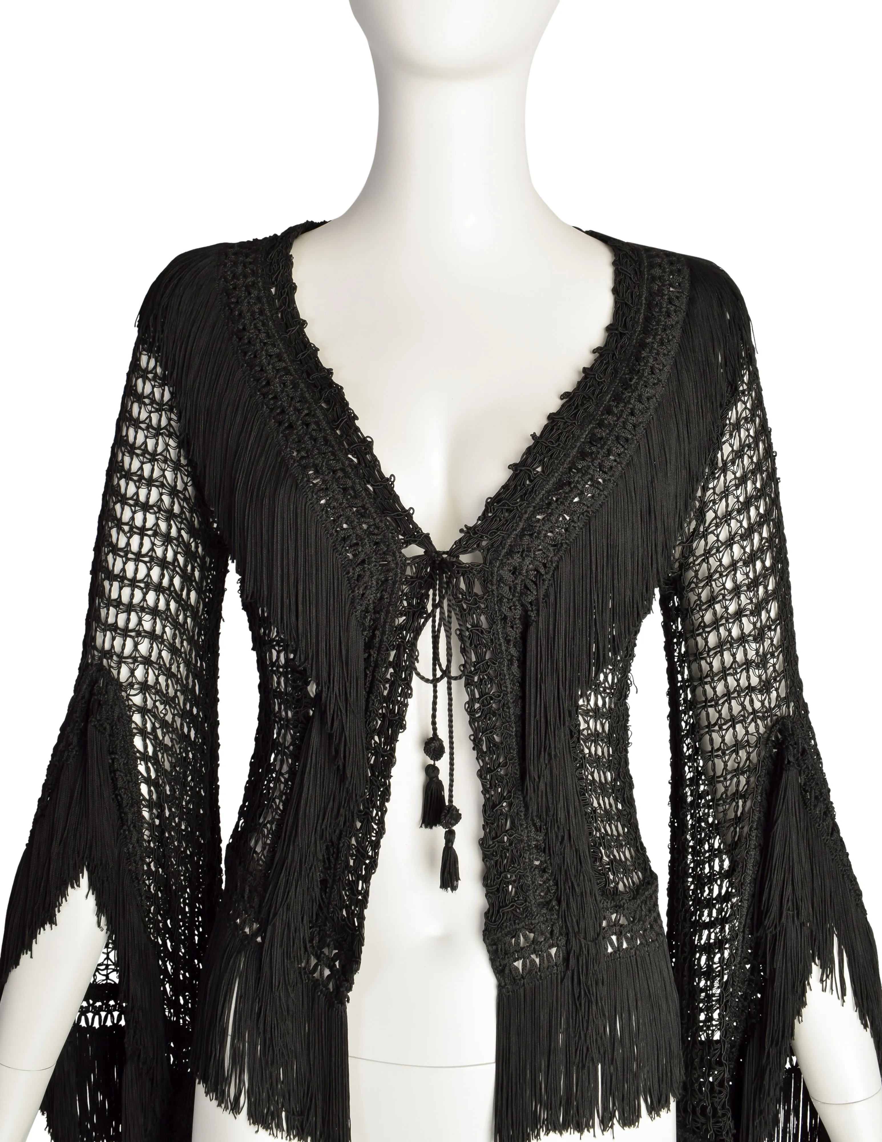 Plein Sud Vintage 1990s Black Macrame Fringe Bell Sleeve Cardigan