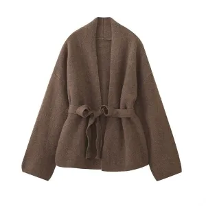 Pre Order: Brown Kimono-Like Waistband Cardigan