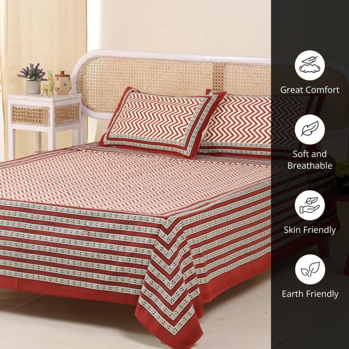 Pure Cotton Double Bedsheet Set With 2 Pillow Covers | Hand Printed In Maroon & Black | Handmade In India