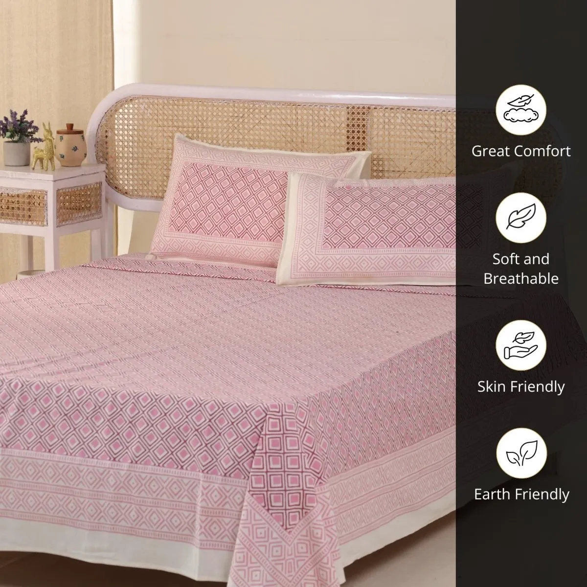 Pure Cotton Double Bedsheet Set With 2 Pillow Covers | Hand Printed In Pink & Beige | Handmade In India