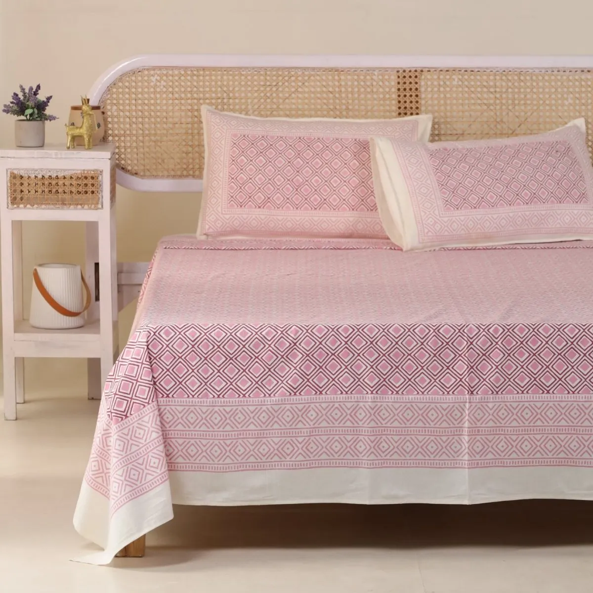 Pure Cotton Double Bedsheet Set With 2 Pillow Covers | Hand Printed In Pink & Beige | Handmade In India