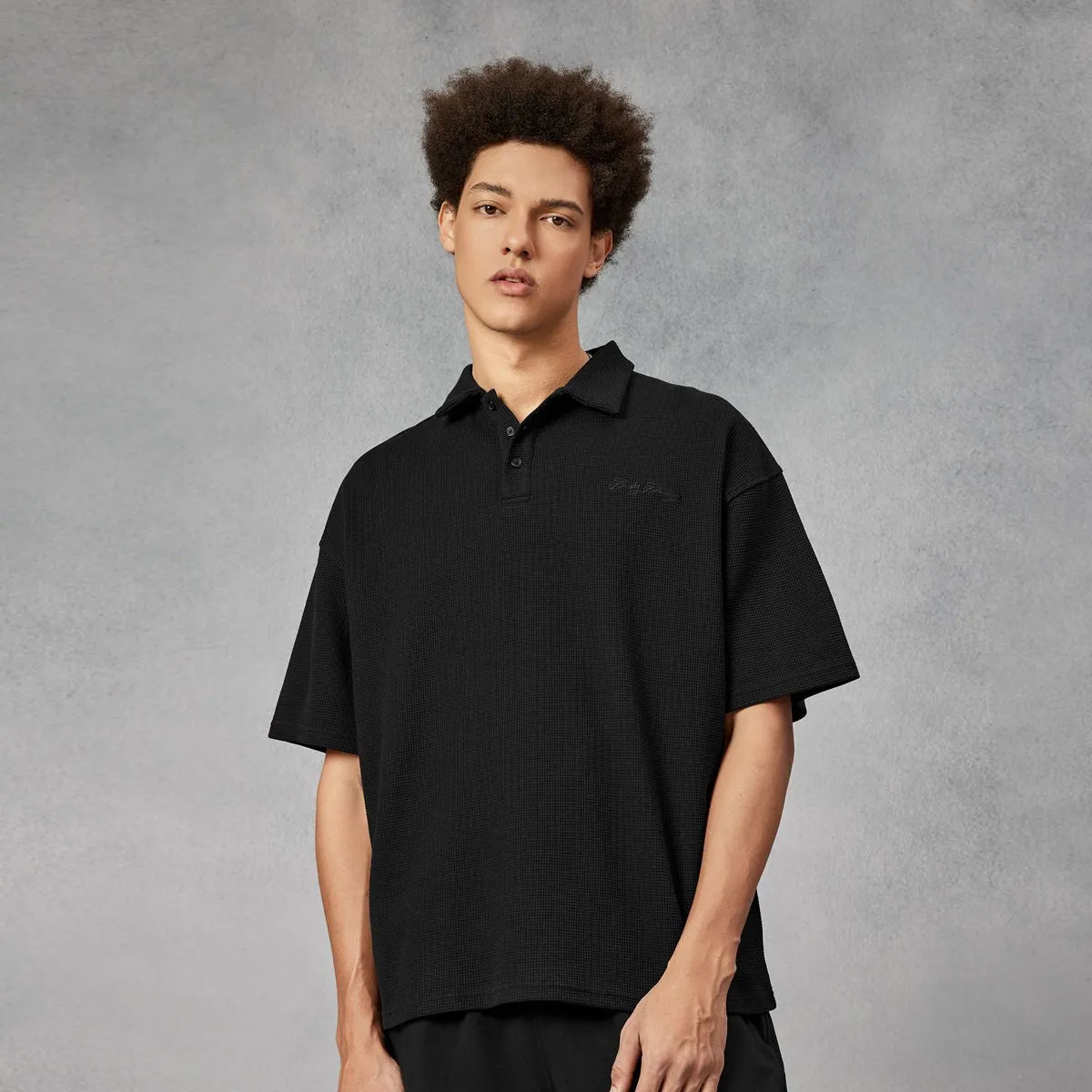 Retro Heavyweight Black Waffle Sport Polo