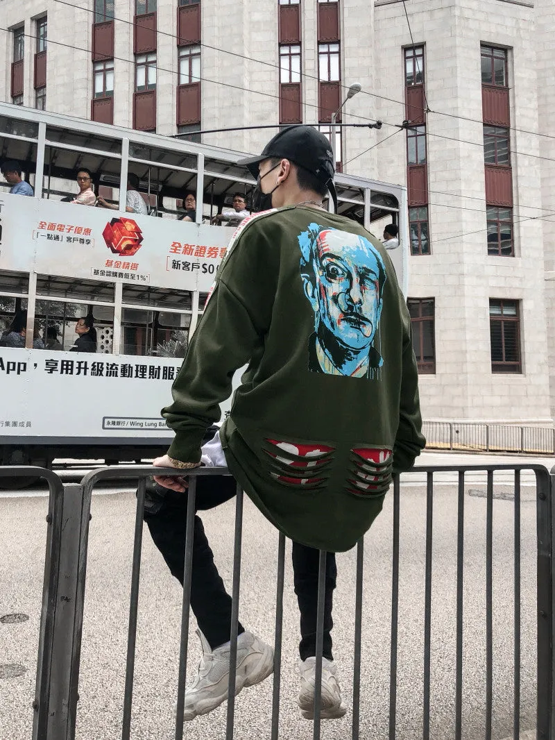 Ripped and Print Street Style Men Oversized Loose Sweater