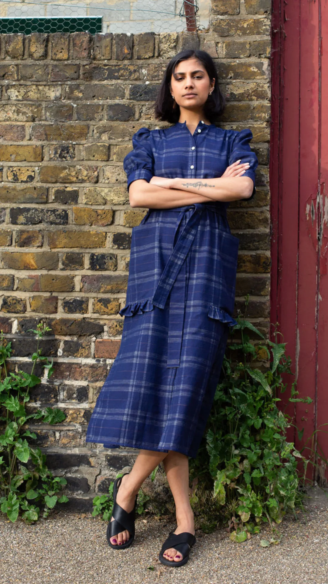 Rosa Puff Sleeve Shirtdress in Navy Check Deadstock Cotton by Saywood