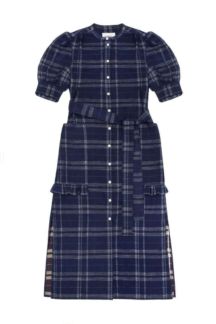 Rosa Puff Sleeve Shirtdress in Navy Check Deadstock Cotton by Saywood