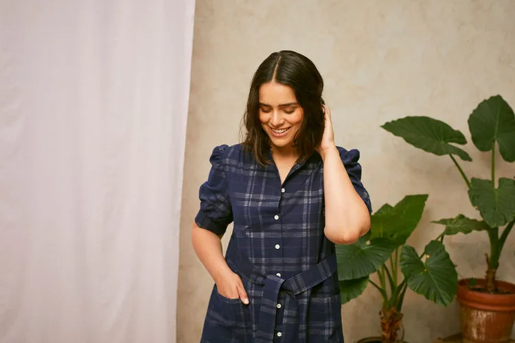 Rosa Puff Sleeve Shirtdress in Navy Check Deadstock Cotton by Saywood