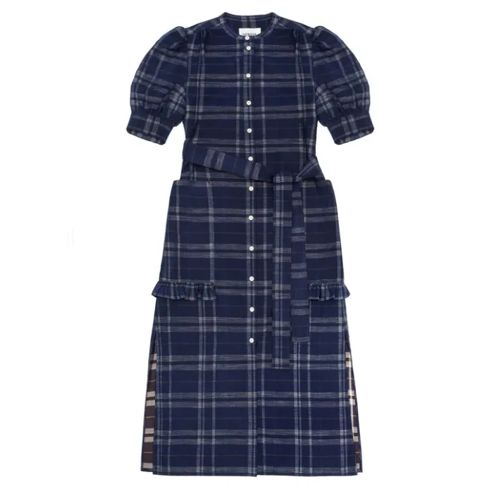 Rosa Puff Sleeve Shirtdress in Navy Check Deadstock Cotton by Saywood