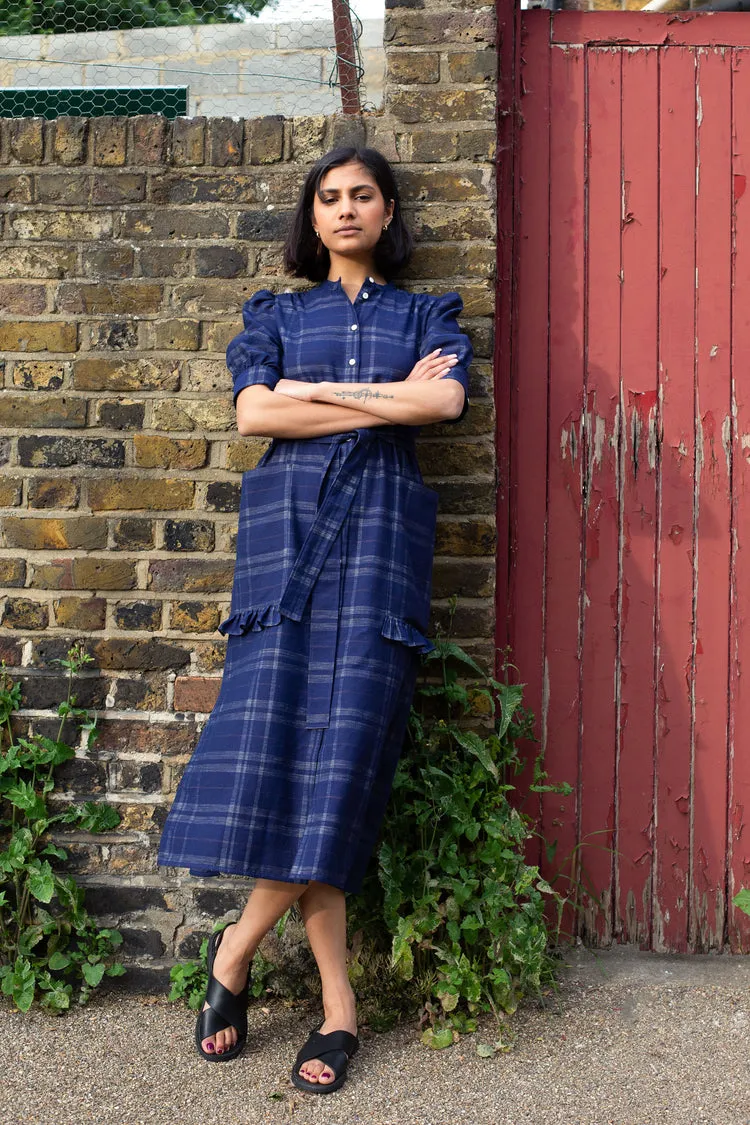 Rosa Puff Sleeve Shirtdress in Navy Check Deadstock Cotton by Saywood