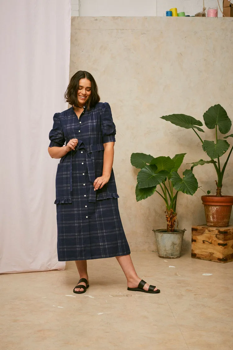 Rosa Puff Sleeve Shirtdress in Navy Check Deadstock Cotton by Saywood