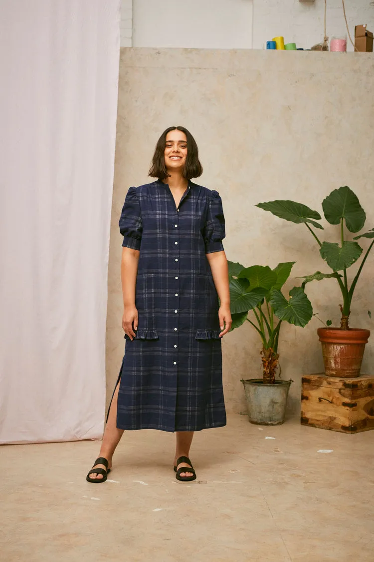 Rosa Puff Sleeve Shirtdress in Navy Check Deadstock Cotton by Saywood