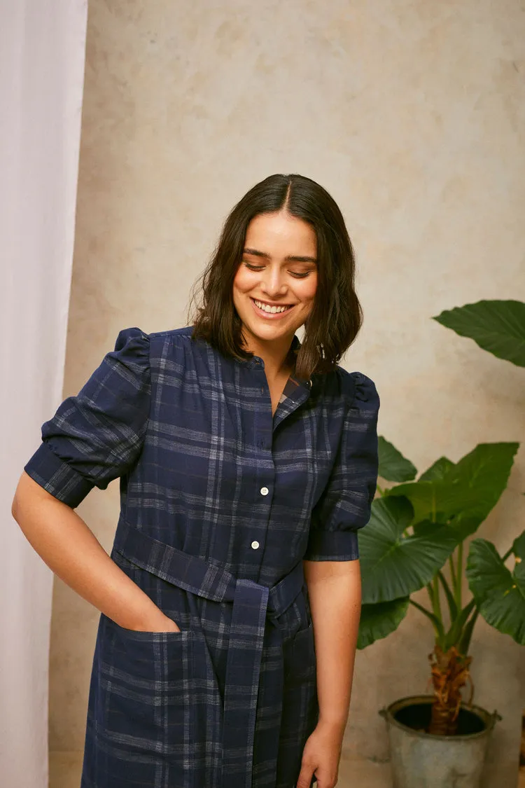 Rosa Puff Sleeve Shirtdress in Navy Check Deadstock Cotton by Saywood