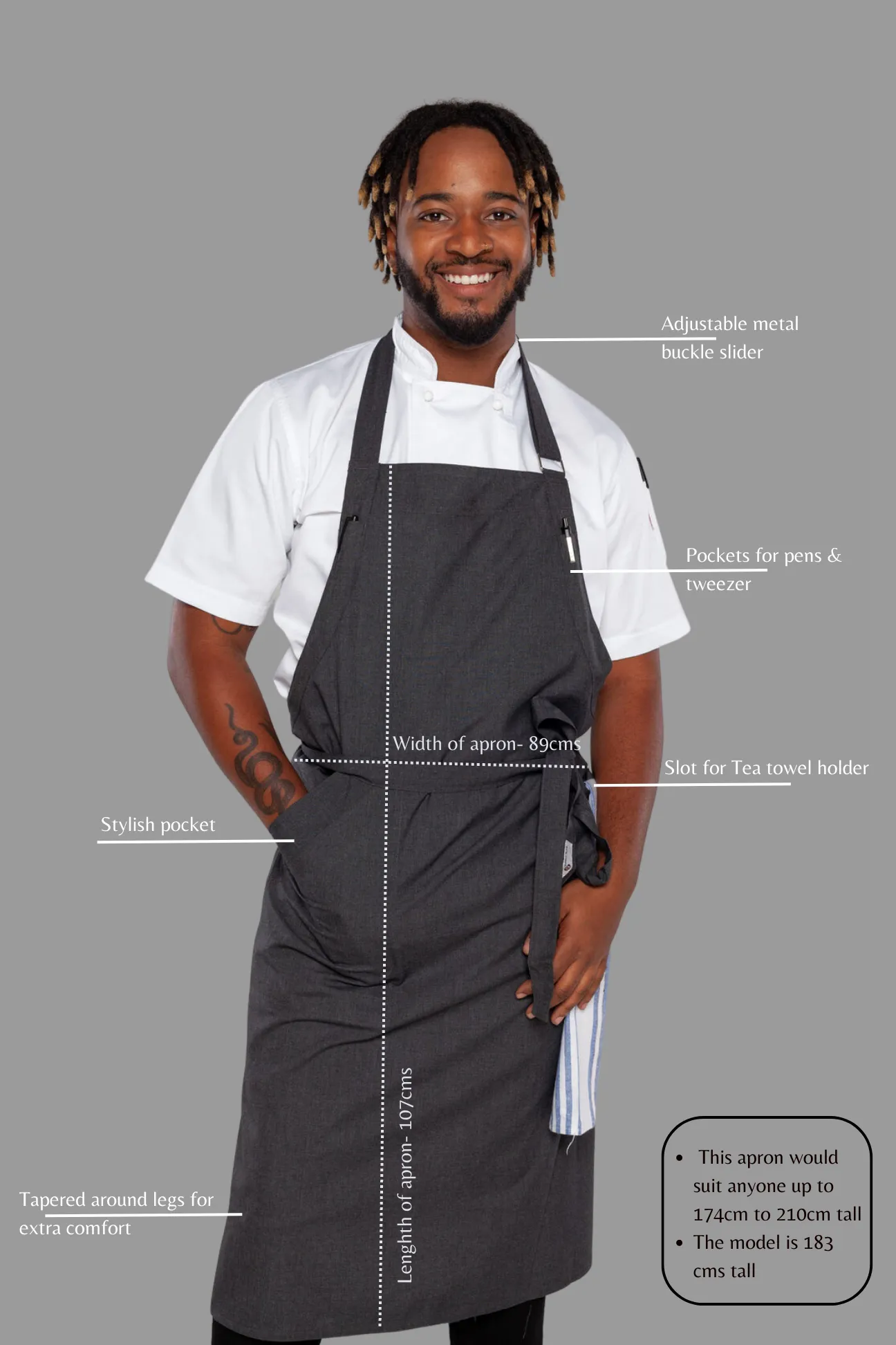 Ross charcoal grey bib Chef Apron Large Size