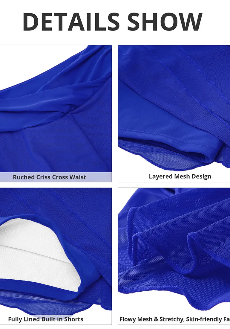 Royal Blue Women's Brief Criss Cross High Waisted Swim Skirt Layered Mesh Swimsuit Cover-Up