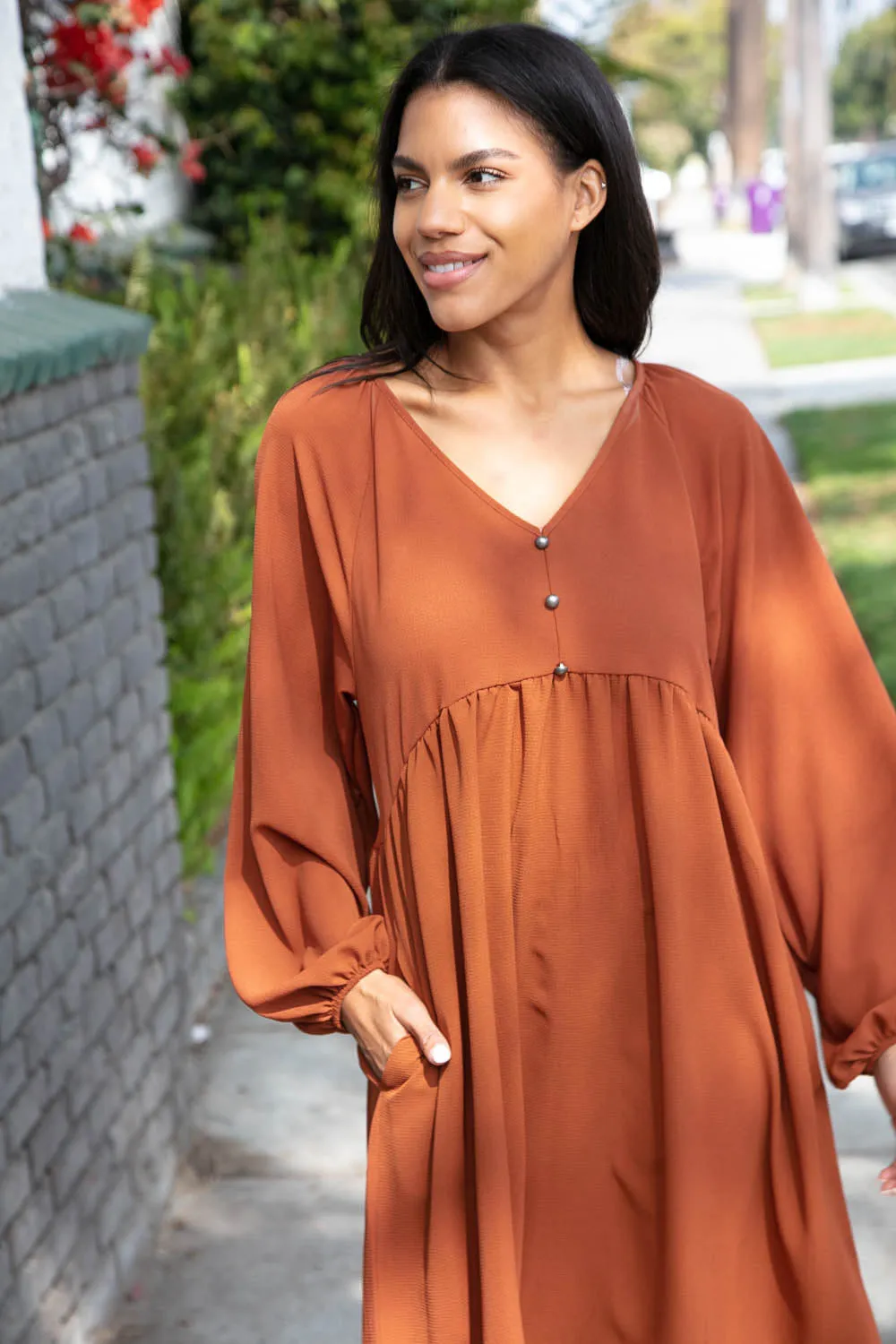 Rust Crepe V Neck Raglan Babydoll Dress