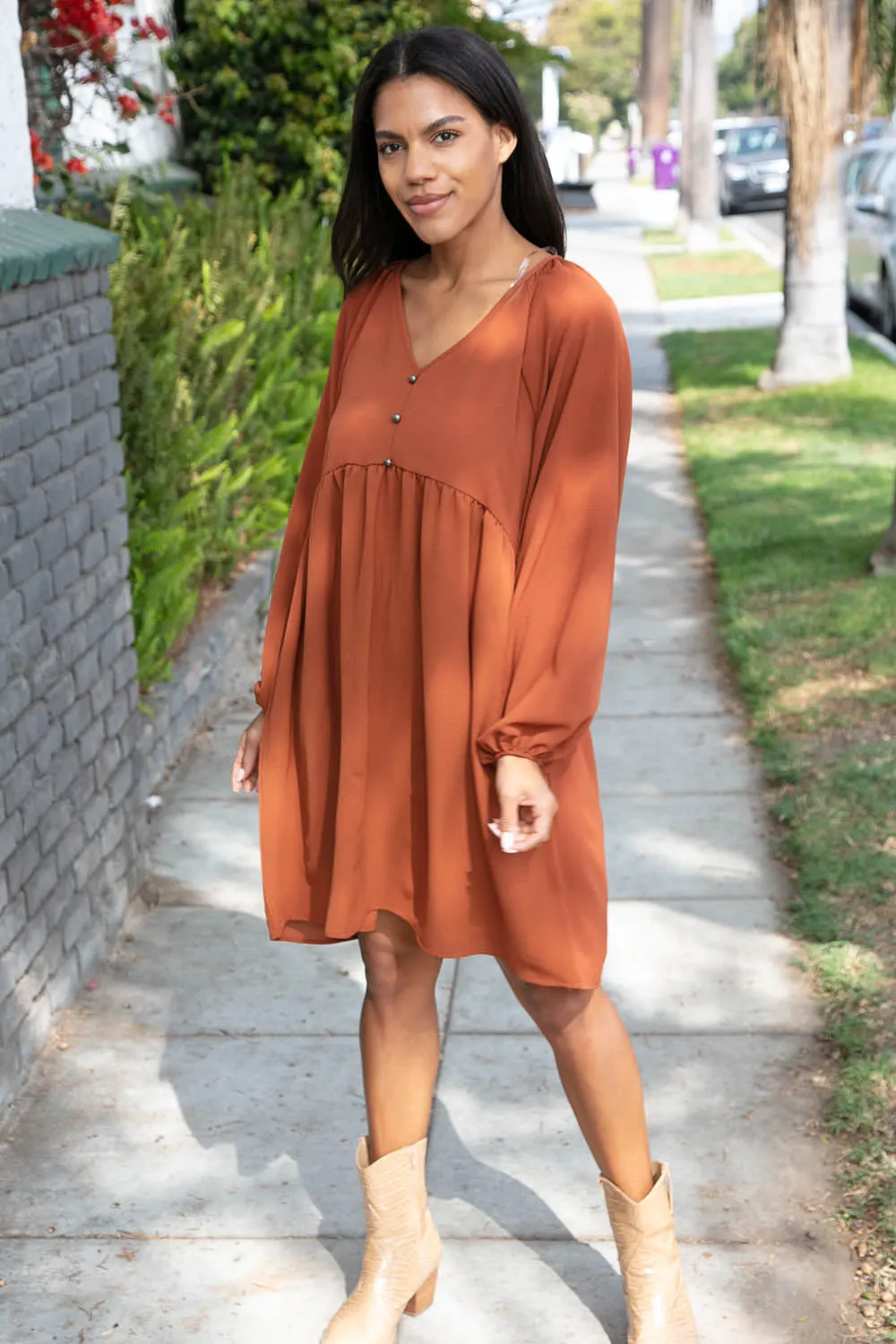 Rust Crepe V Neck Raglan Babydoll Dress