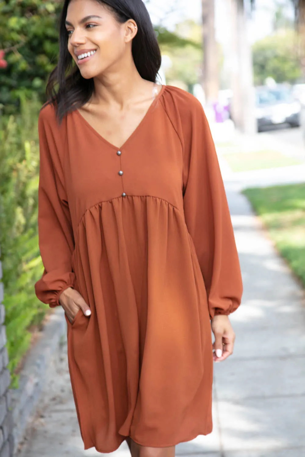 Rust Crepe V Neck Raglan Babydoll Dress