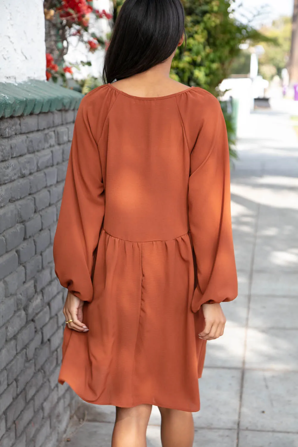 Rust Crepe V Neck Raglan Babydoll Dress