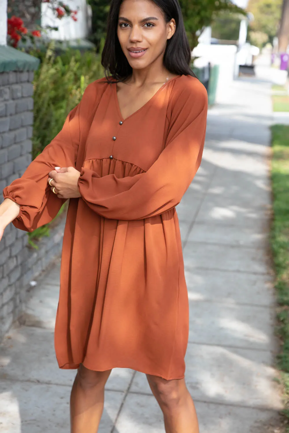 Rust Crepe V Neck Raglan Babydoll Dress