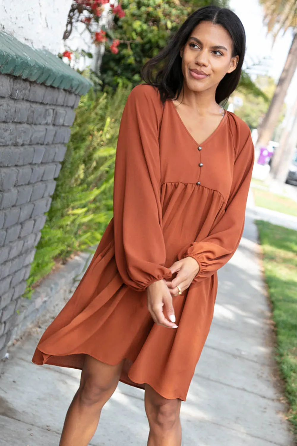 Rust Crepe V Neck Raglan Babydoll Dress