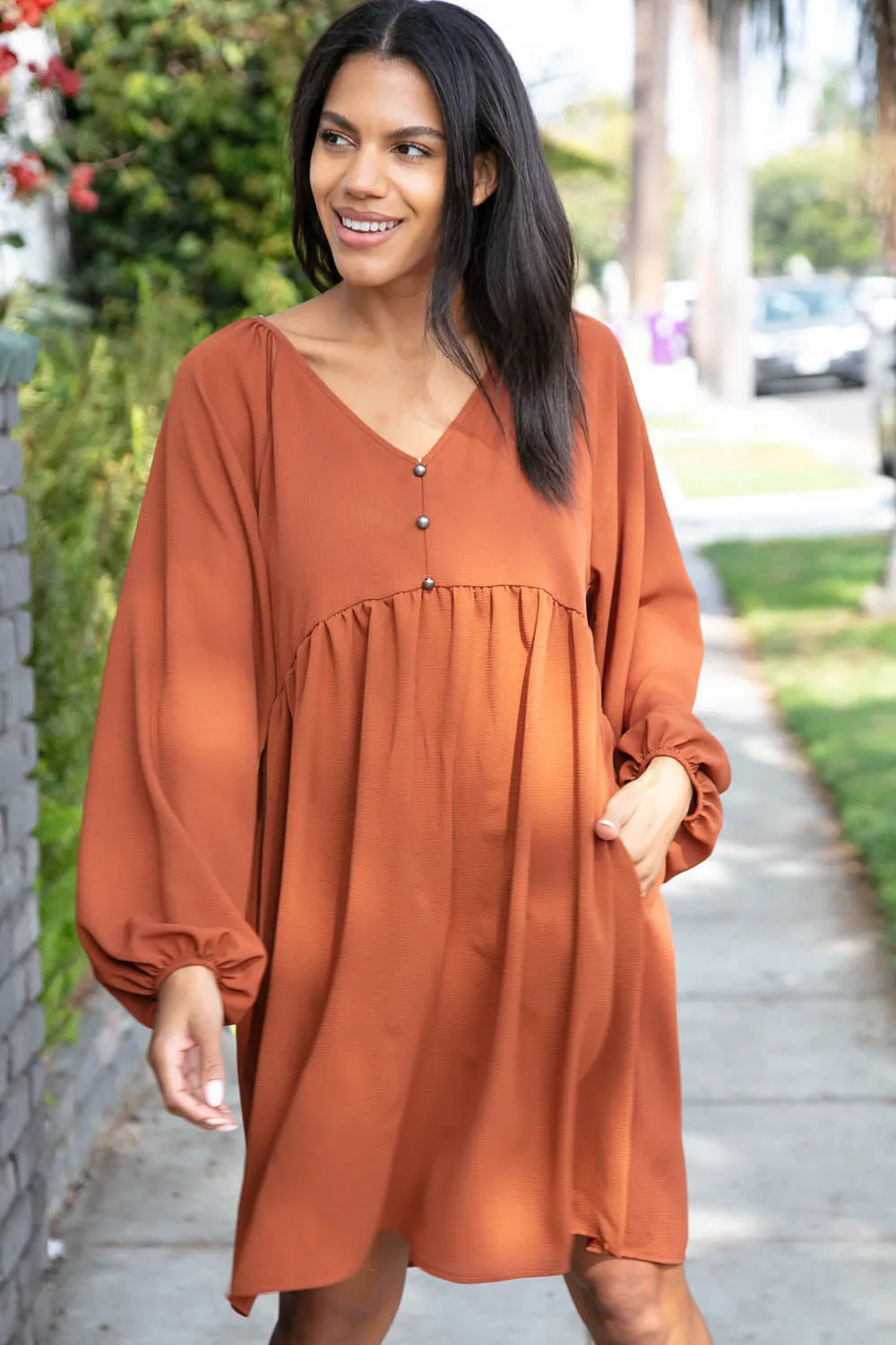 Rust Crepe V Neck Raglan Babydoll Dress